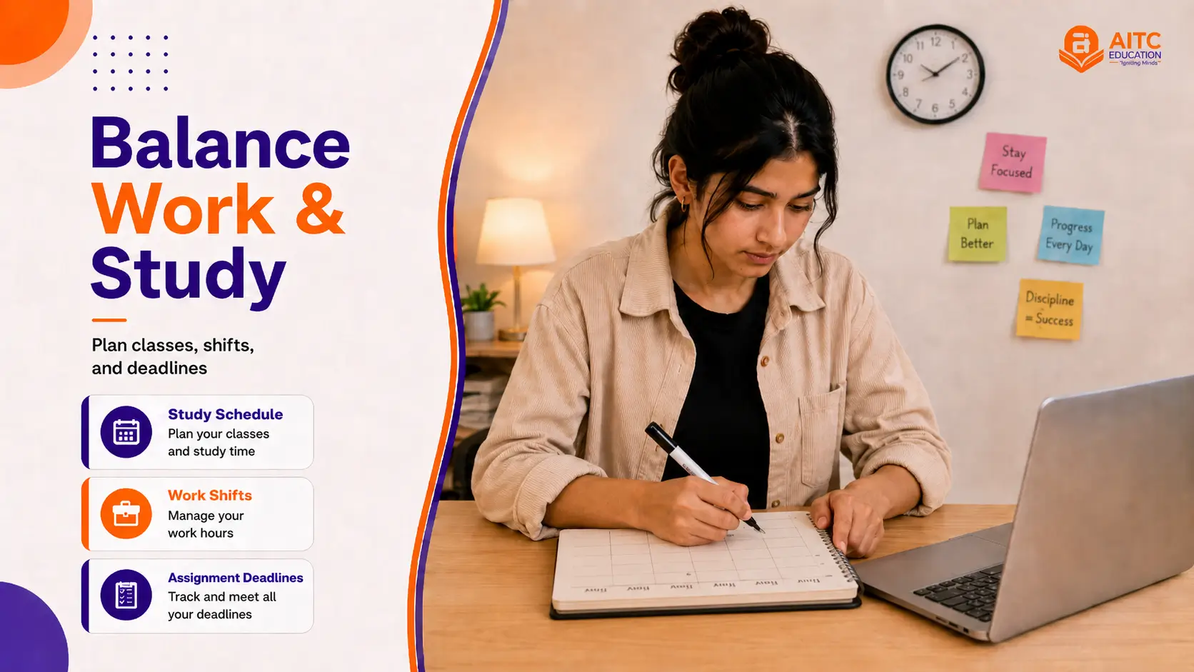Student balancing work and studies through effective time management